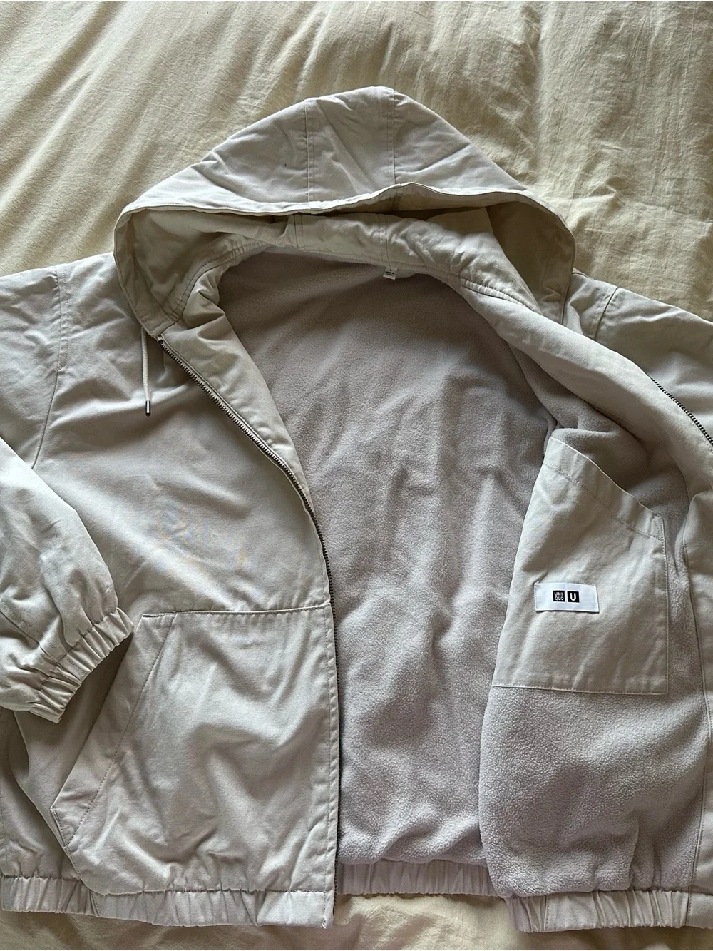 UNIQLO U fleece lined cream jacket with hood